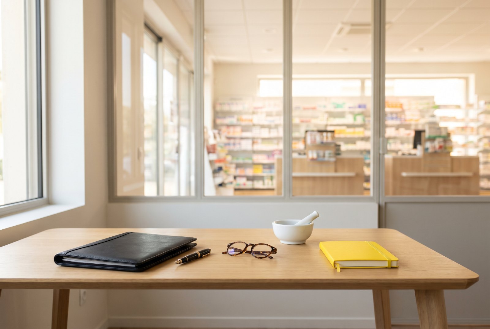Bureau du titulaire d’une pharmacie, avec dossier, lunettes et mortier, devant l’espace de vente