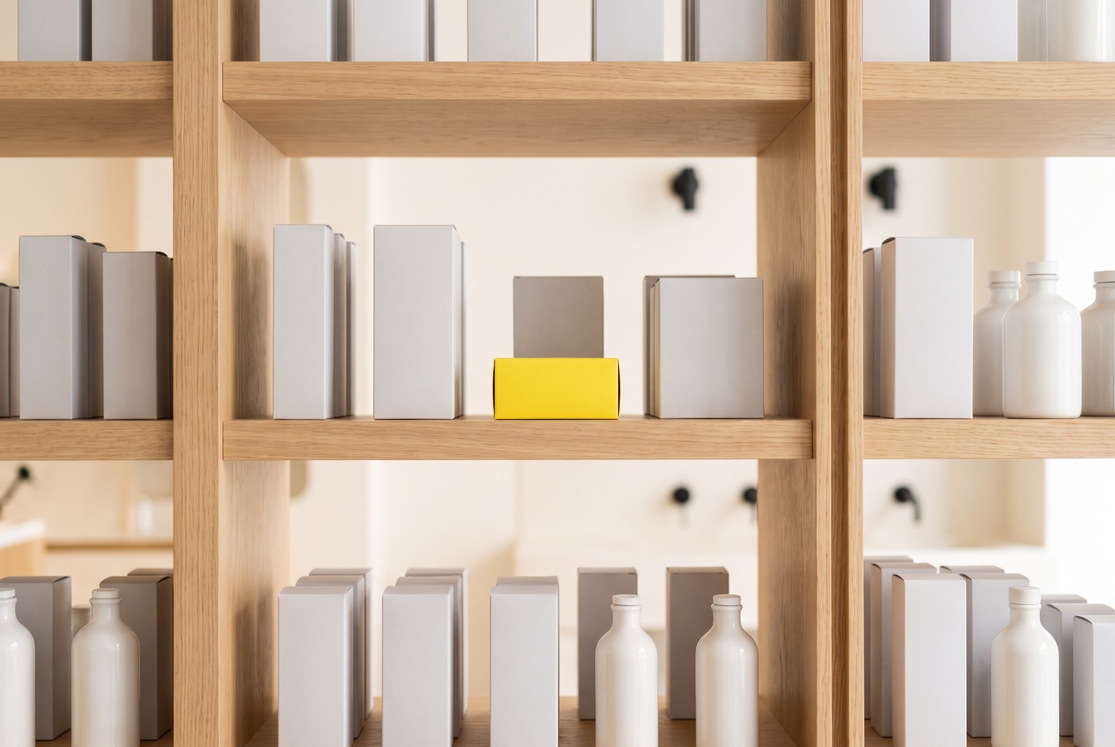 Étagères d’une officine garnies de boîtes blanches, avec une boîte jaune