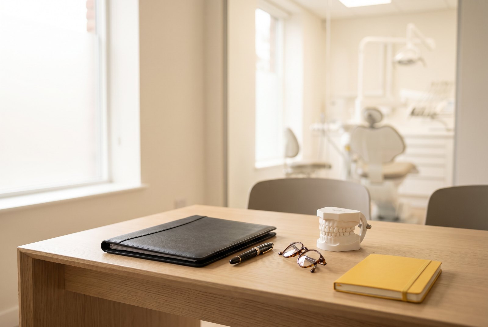 Bureau d’un praticien dans un cabinet dentaire, avec dossier, lunettes et modèle de mâchoire